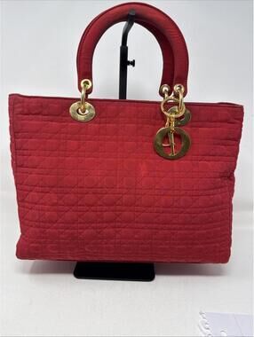 Authentic Dior Lady Dior Cannage Red Nylon Bag Large